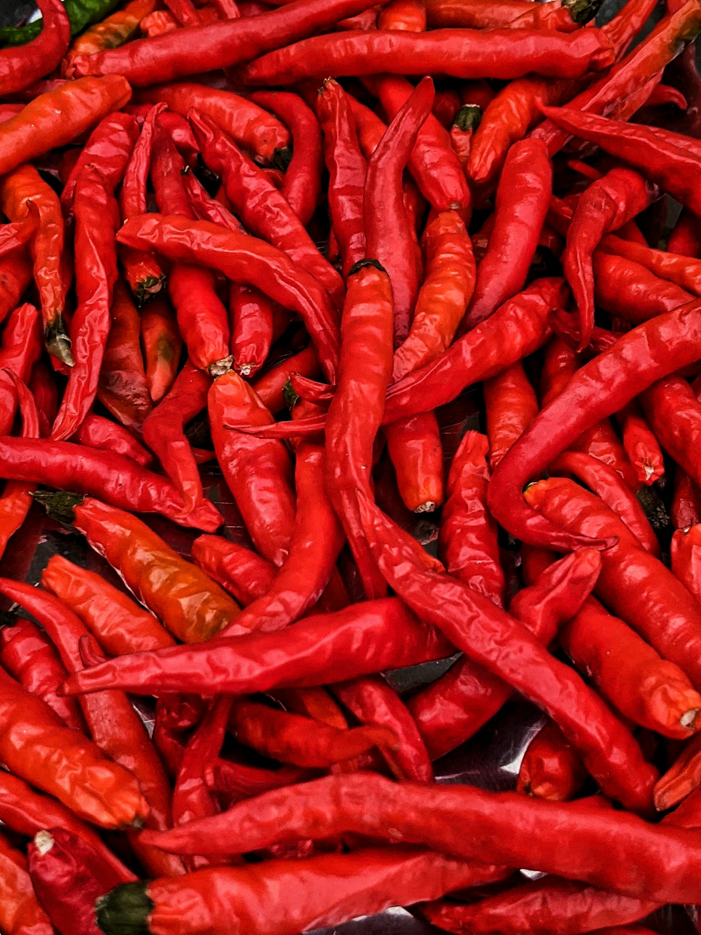 A pile of bright red chilli peppers
